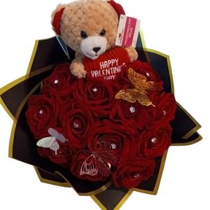 Valentines Teddy Bear with 24" Red Velvet Laced W/ Acrylic Gem Rose Bouquet